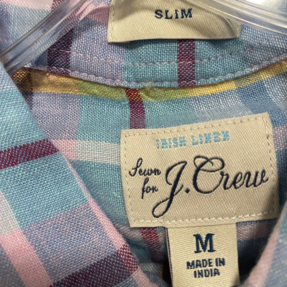 J Crew Irish Linen Baird‎ McNutt Button Up Shirt Men M Slim Plaid Preppy Coastal
